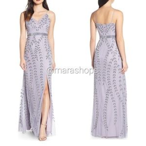 ADRIANNA PAPELL Vine Motif Beaded Evening Dress In Lilac Grey
